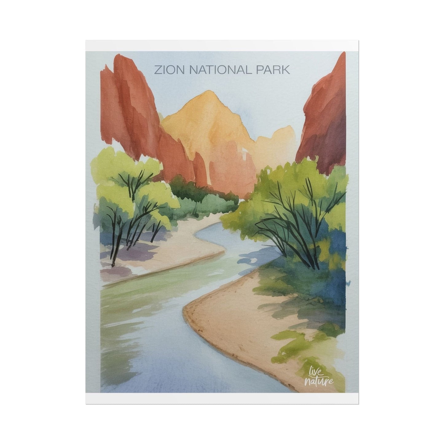 Zion National Park Watercolor Print - Serene River View