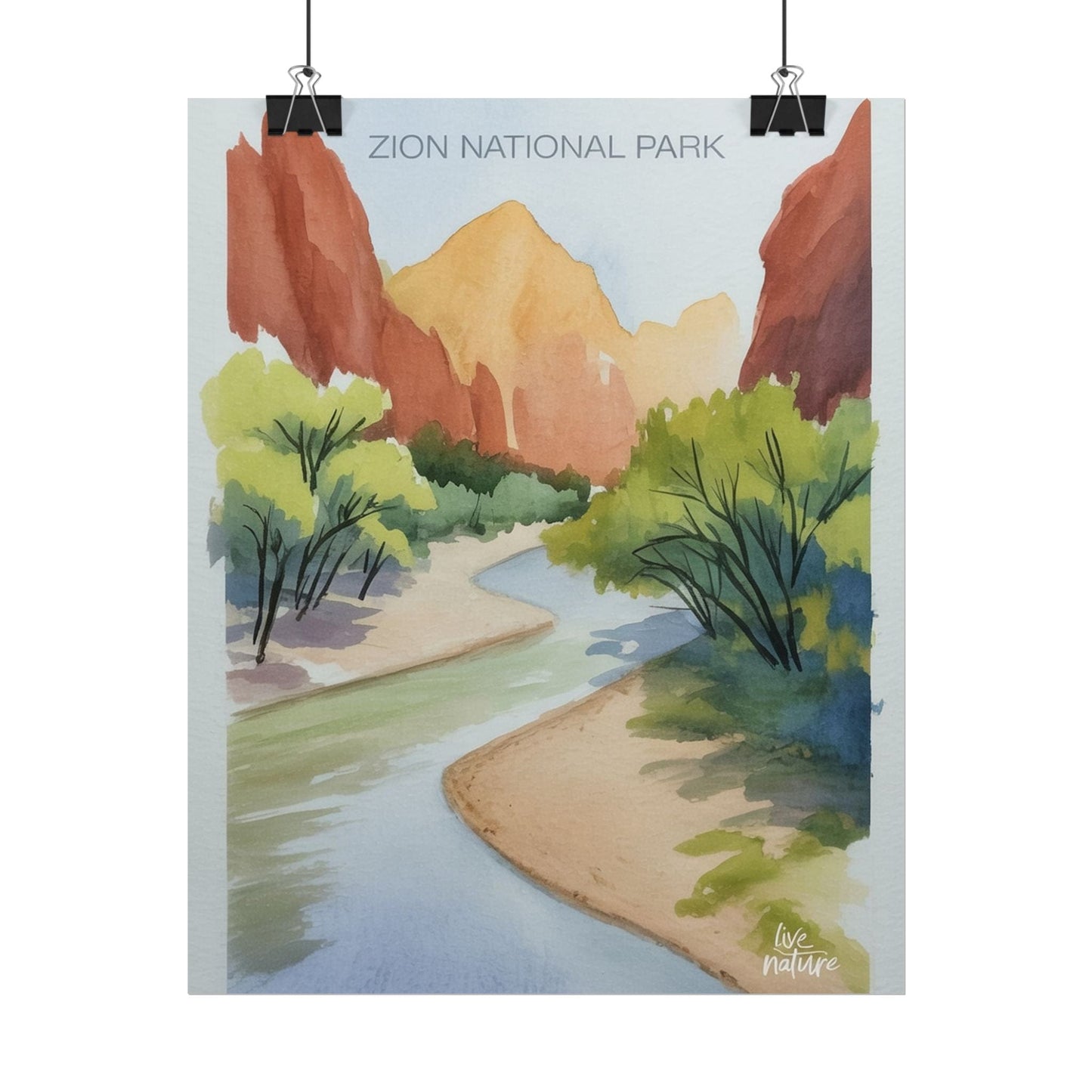 Zion National Park Watercolor Print - Serene River View