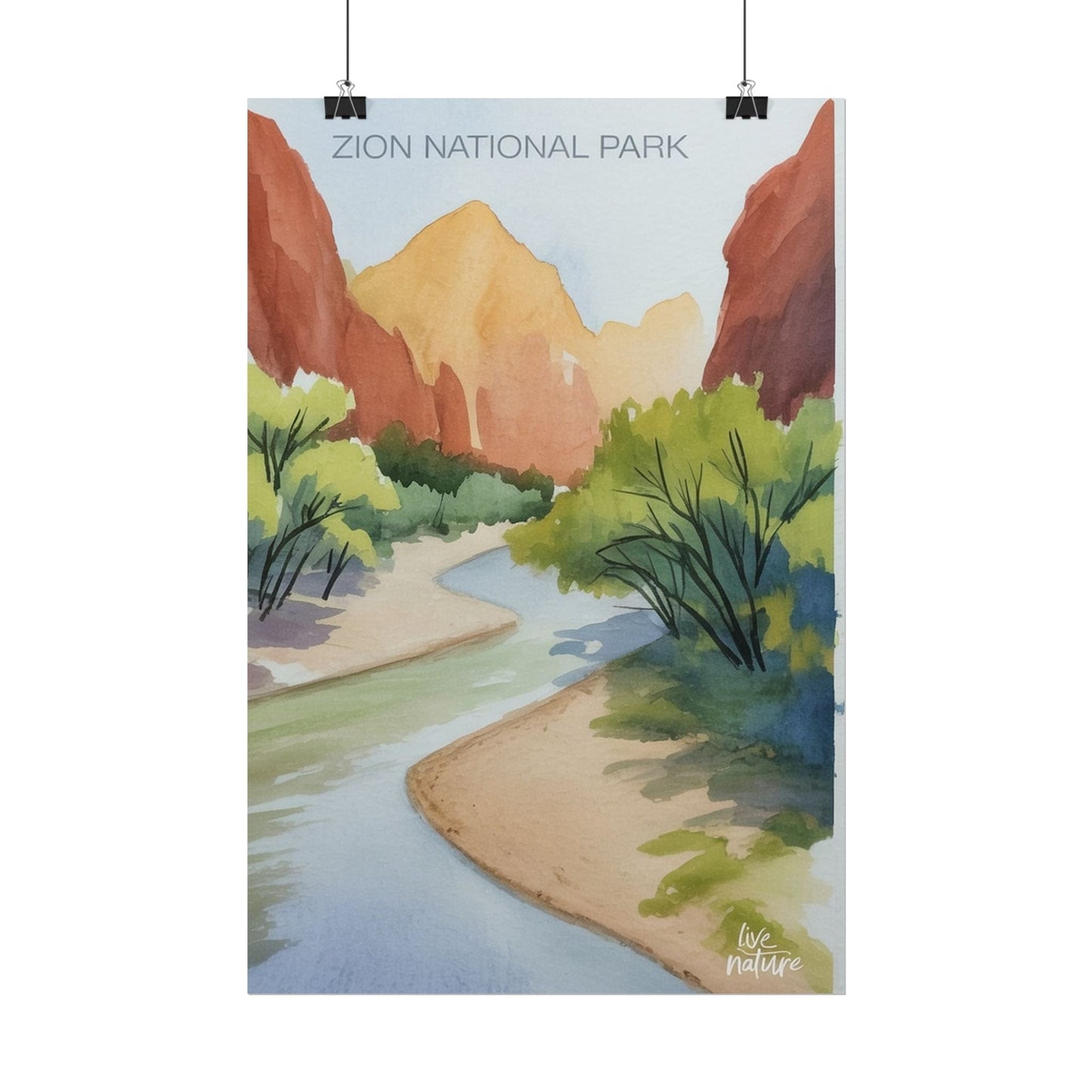Zion National Park Watercolor Print - Serene River View
