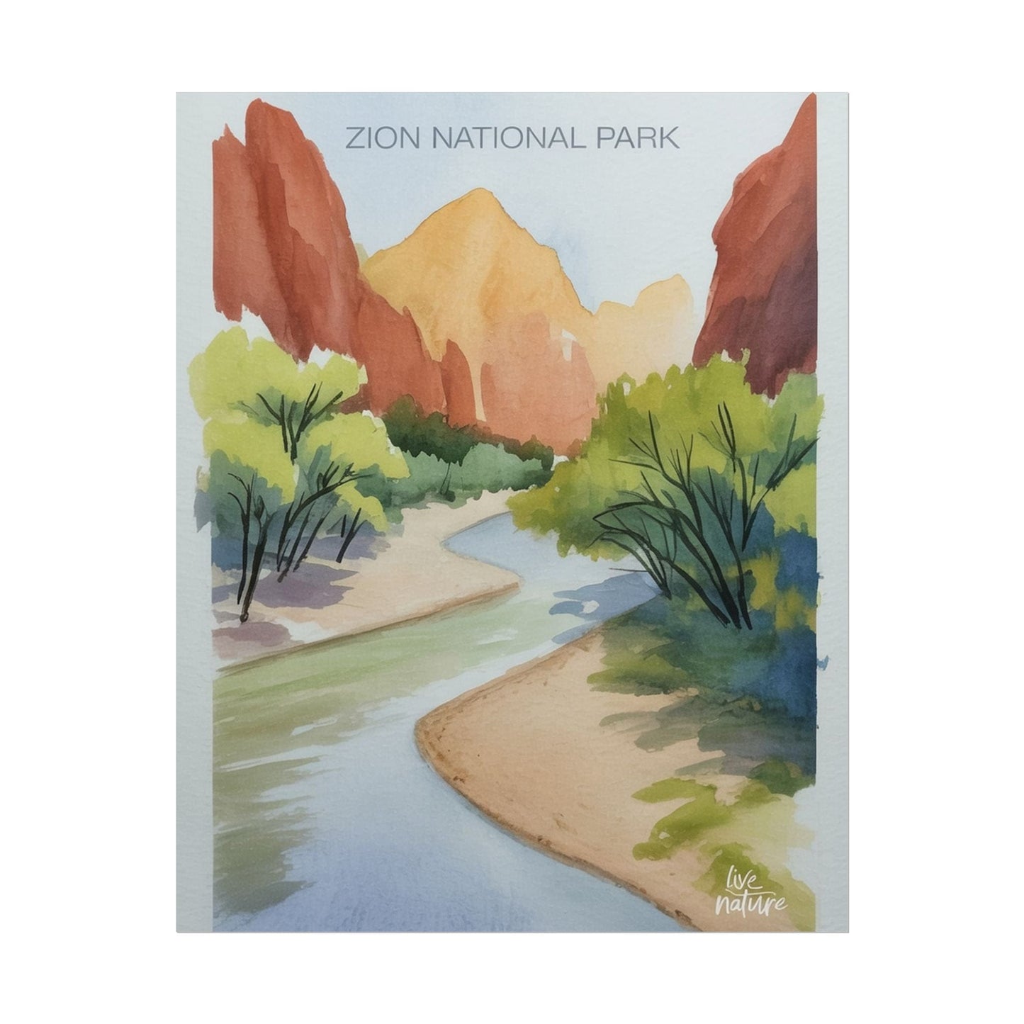 Zion National Park Watercolor Print - Serene River View