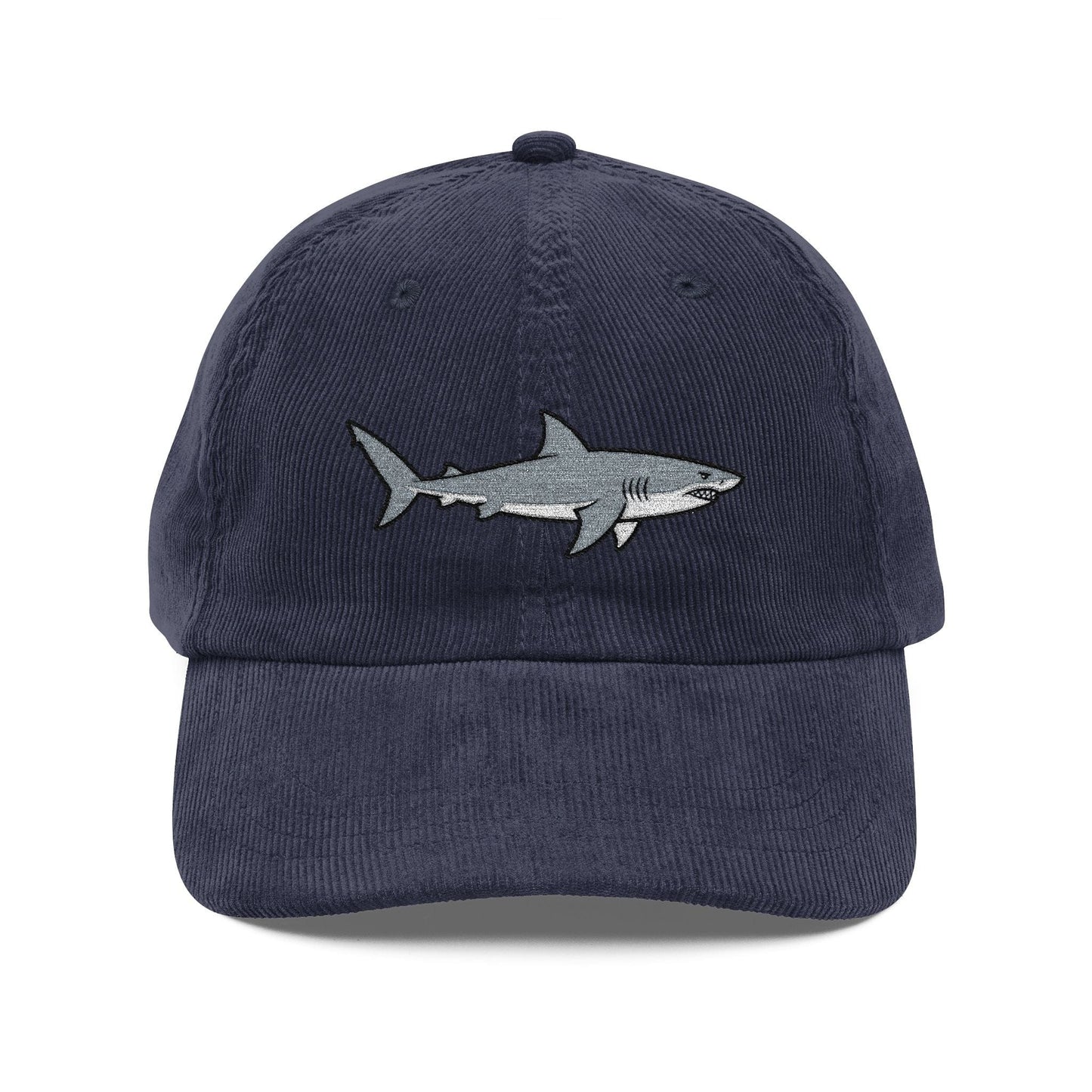 Great White Shark Embroidered Navy Corduroy Cap