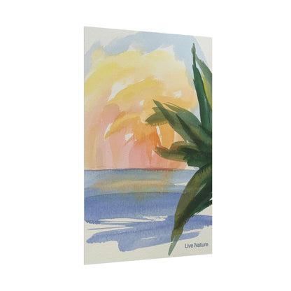 Tropical Sunset Watercolor Art Print with Palm Leaves