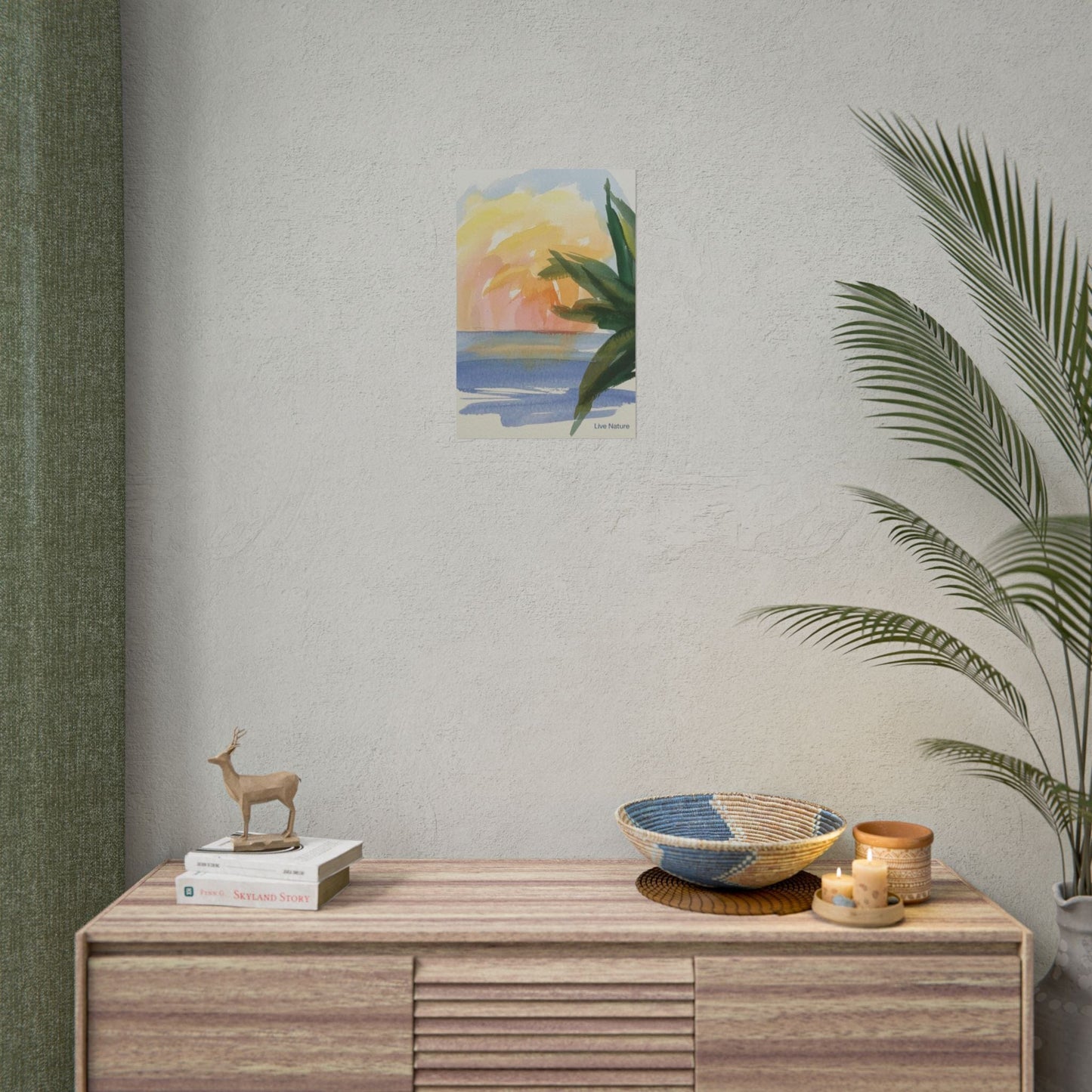 Tropical Sunset Watercolor Art Print with Palm Leaves