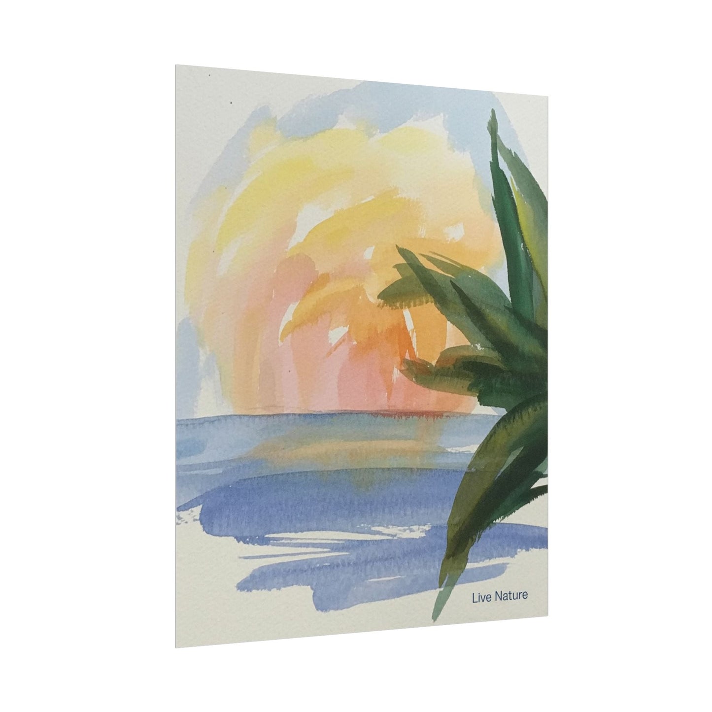 Tropical Sunset Watercolor Art Print with Palm Leaves