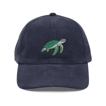 Sea Turtle Embroidered Black Corduroy Cap