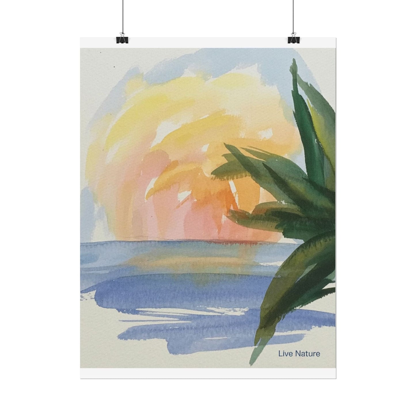 Tropical Sunset Watercolor Art Print with Palm Leaves