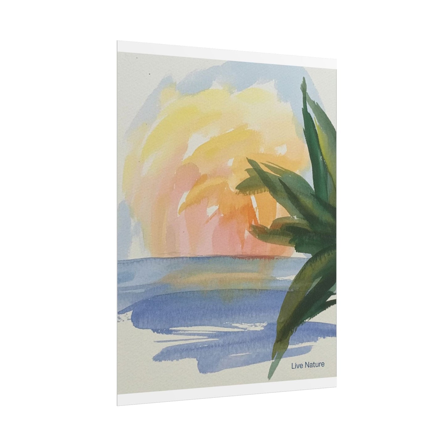 Tropical Sunset Watercolor Art Print with Palm Leaves