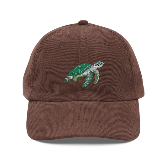 Sea Turtle Embroidered Black Corduroy Cap