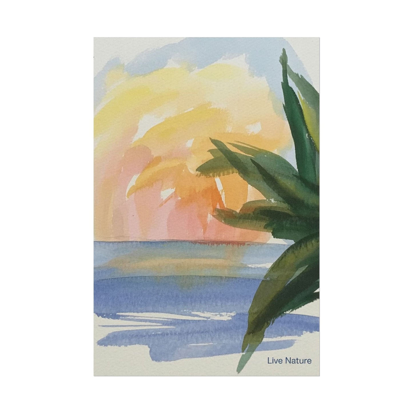 Tropical Sunset Watercolor Art Print with Palm Leaves
