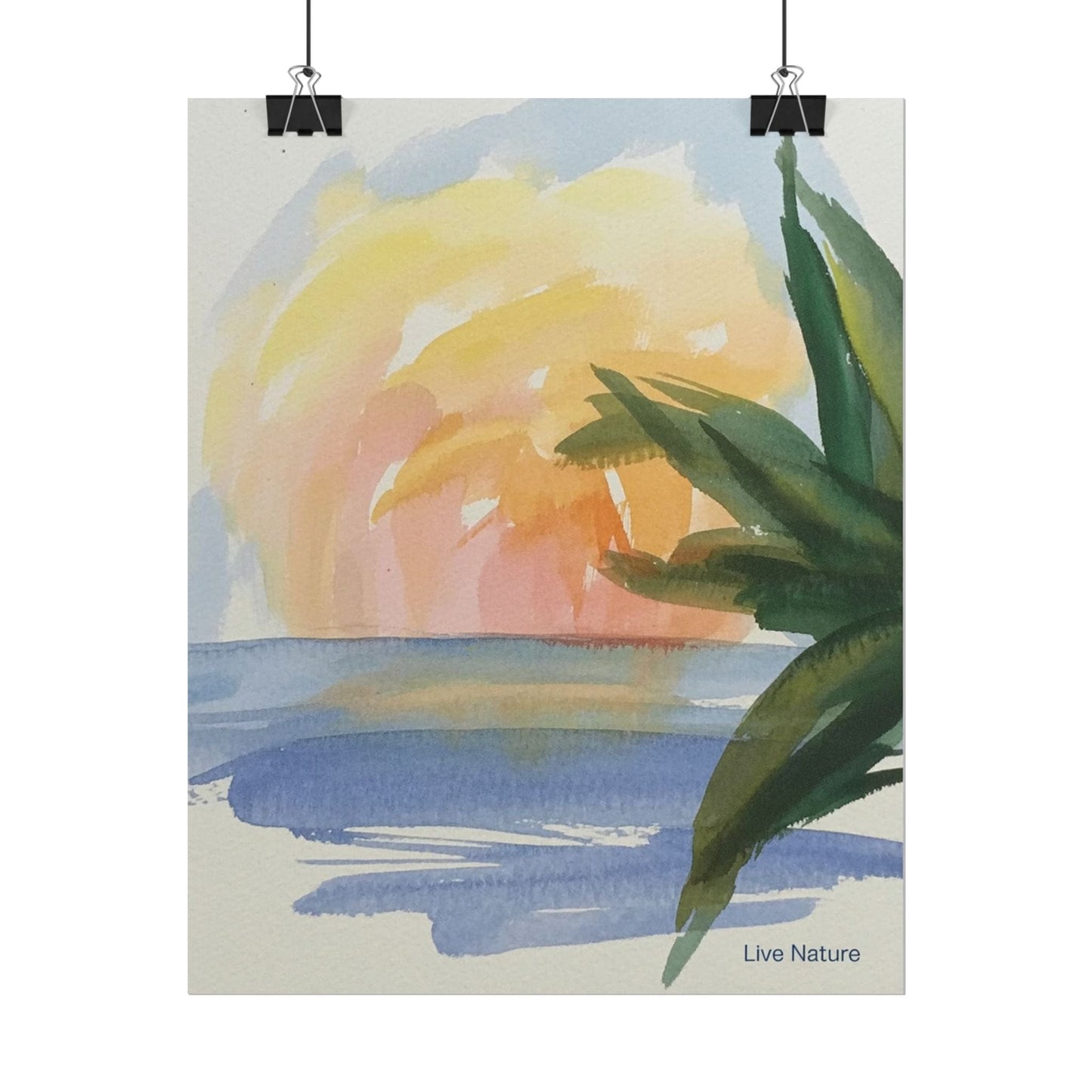 Tropical Sunset Watercolor Art Print with Palm Leaves