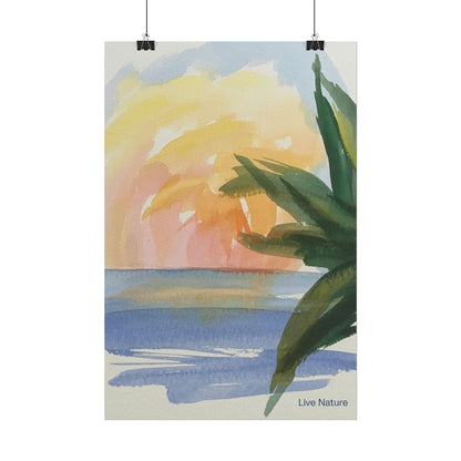 Tropical Sunset Watercolor Art Print with Palm Leaves