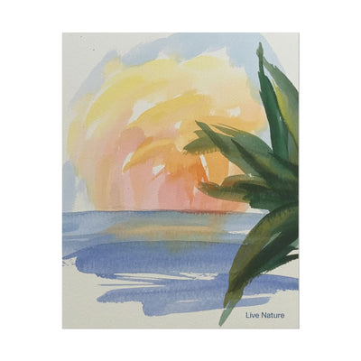 Tropical Sunset Watercolor Art Print with Palm Leaves