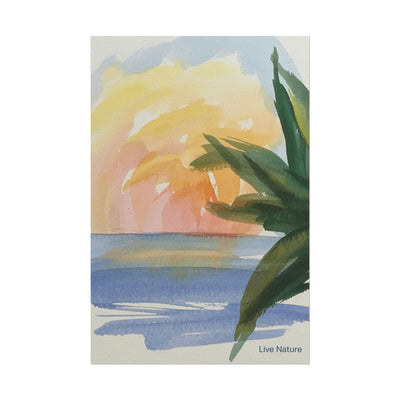 Tropical Sunset Watercolor Art Print with Palm Leaves