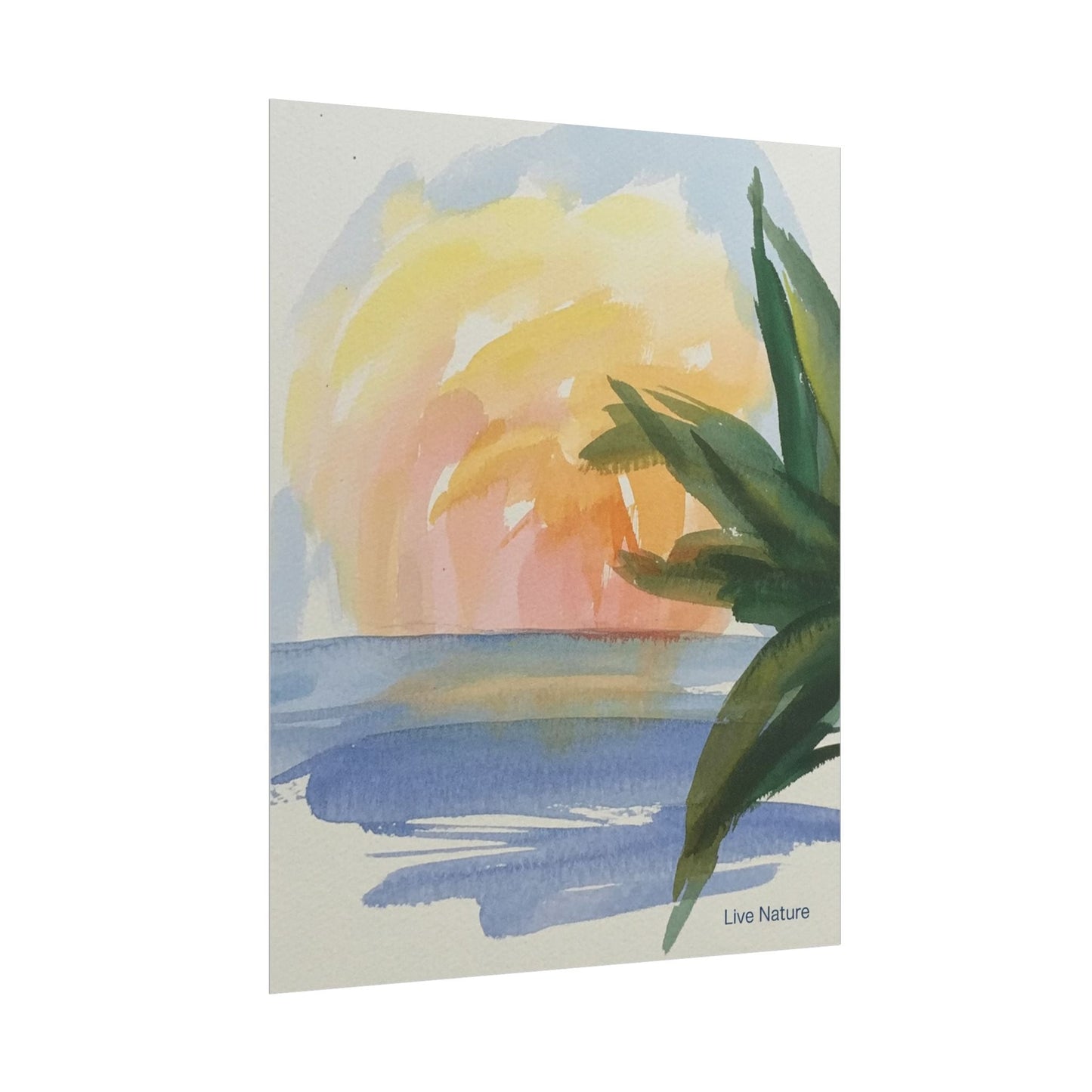 Tropical Sunset Watercolor Art Print with Palm Leaves