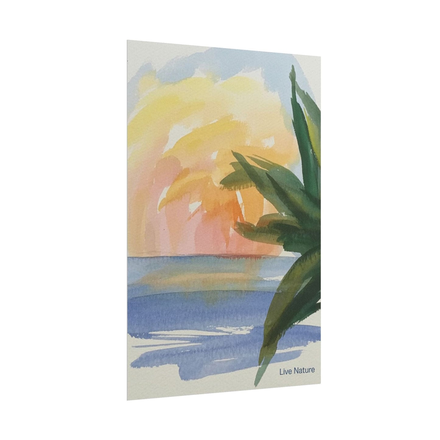 Tropical Sunset Watercolor Art Print with Palm Leaves