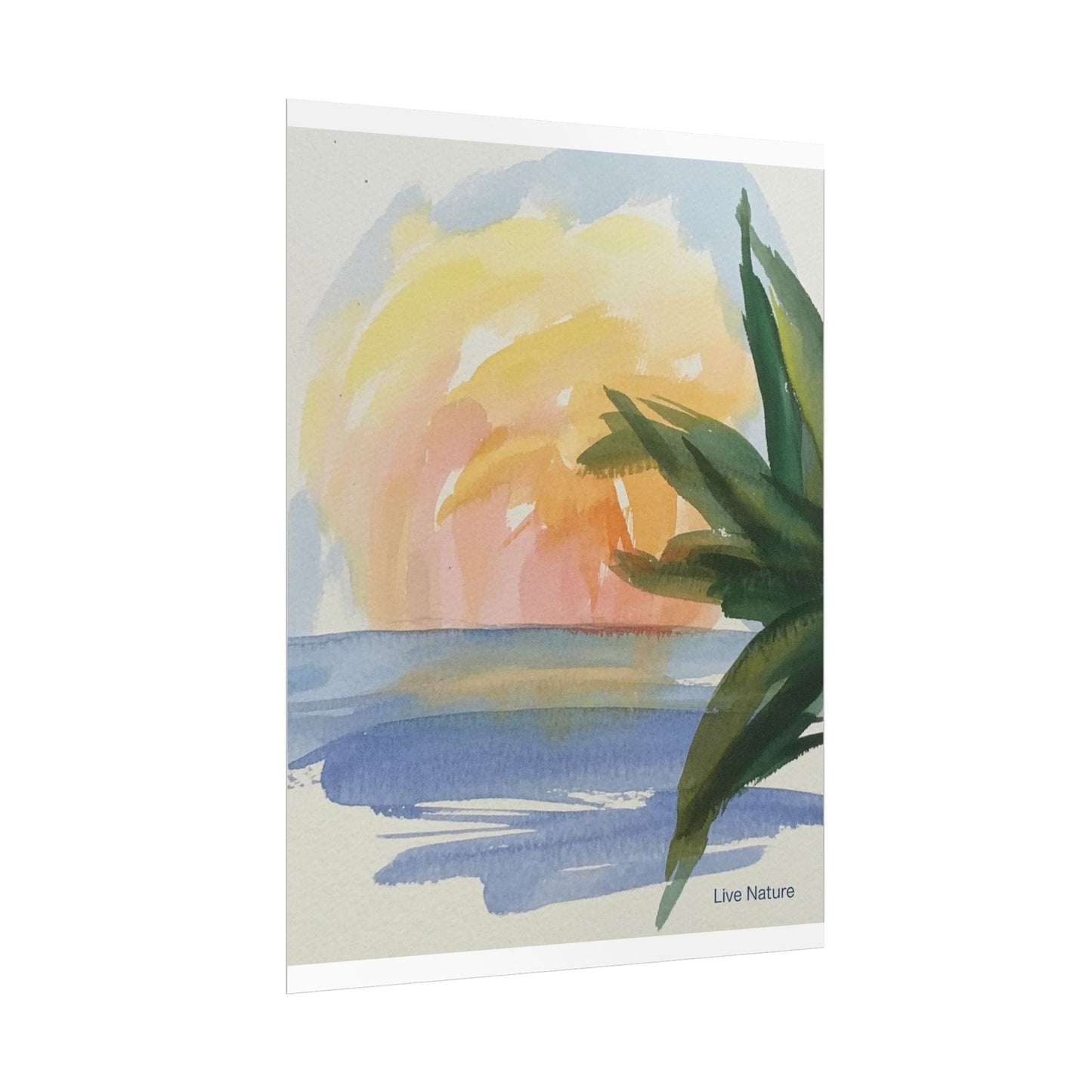 Tropical Sunset Watercolor Art Print with Palm Leaves