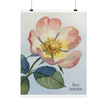 Wild Prairie Rose Watercolor Print with 'Live Nature' Text