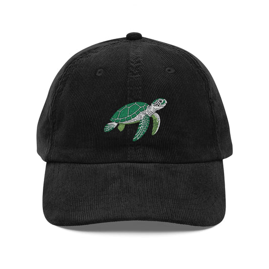 Sea Turtle Embroidered Black Corduroy Cap