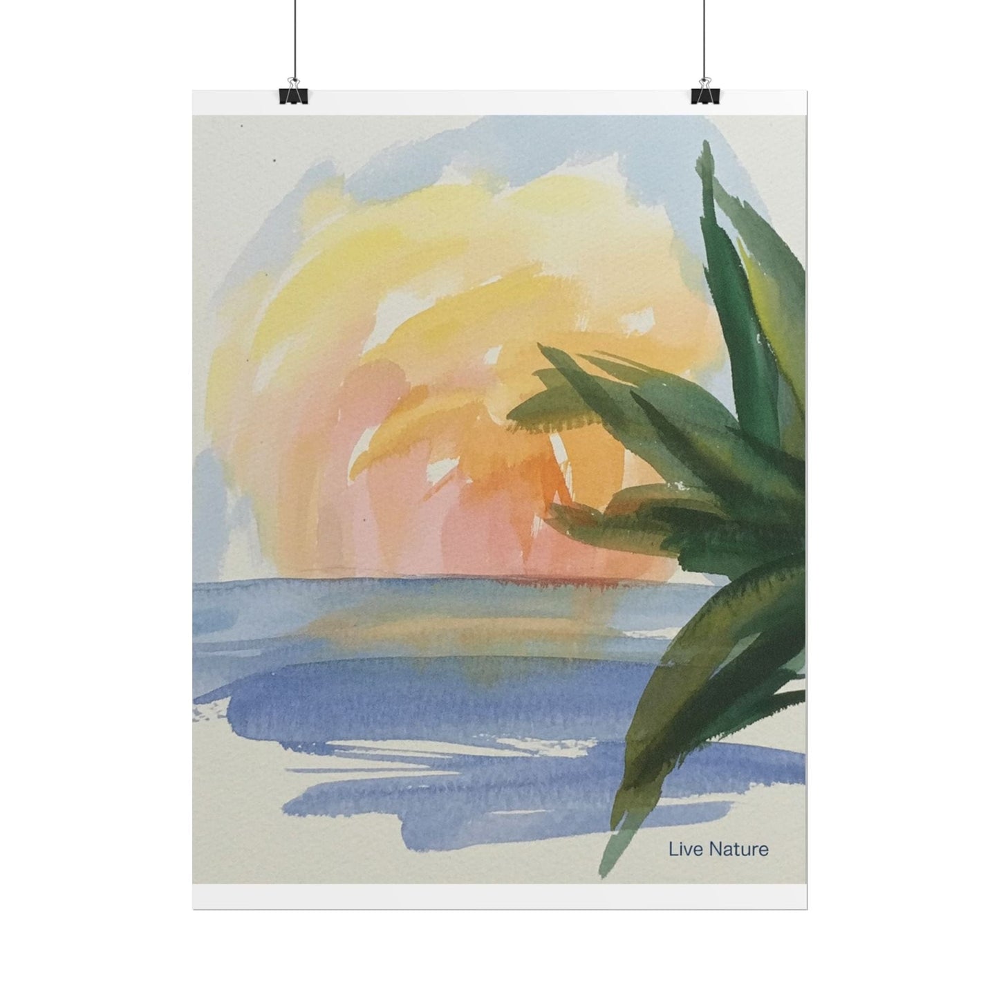 Tropical Sunset Watercolor Art Print with Palm Leaves