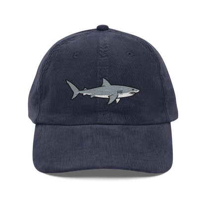 Great White Shark Embroidered Navy Corduroy Cap