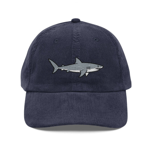 Great White Shark Embroidered Navy Corduroy Cap